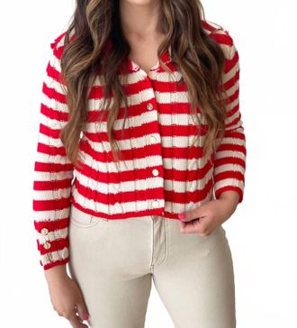 Dex Clothing Long Sleeve Knit Cardigan In Scarlet/cream Stripe