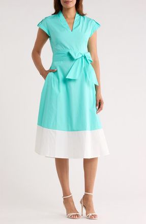 Vince Camuto Colorblock Cap Sleeve Cotton Poplin Midi Dress in Turquoise White at Nordstrom Rack, Size 12