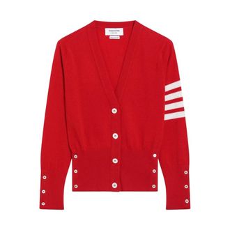 Thom Browne Klassieke Cashmere V-hals Cardigan met 4 Strepen - Dames - Truien - Rood - Maat: S Kasjmier