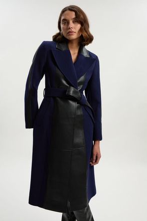 Karen Millen Wool Pu Mix Belted Midi Coat in Navy at Nordstrom, Size 10