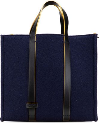 Fendi Navy Wool Leather Handbag Tote Bag (Pre-Owned)