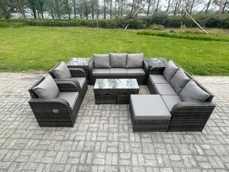 Fimous Wicker PE Rattan Sofa Set 11 Seater Outdoor Patio Garden Furniture Set with 2 Reclining Chairs Coffee Table 2 Side Tables in Dark Grey