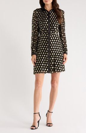 Halogen Foil Dot Empire Waist Long Sleeve Shirtdress in Rich Black/Bright Gold at Nordstrom Rack, Size Xx-Small