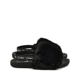 Versace Jeans Couture Sliders, female, Black, Size: 5 US Black Fur Trim Slingback Sandals