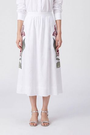 Farm Rio Gonna midi a ruota Off-White Flower in lino con stampa floreale e vita alta
