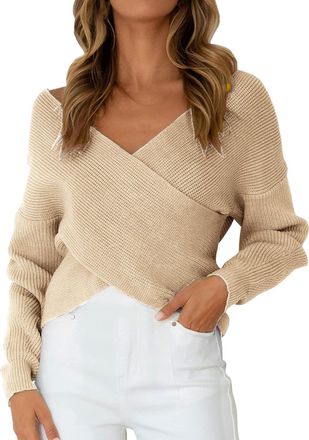 Generic Womens Crop Off The Shoulder Holiday Sweaters Knitted Winter Fall Jumper Solid Crisscross Asymmetrical Graphic Oversized Tunic Trendy Winter Sweaters 