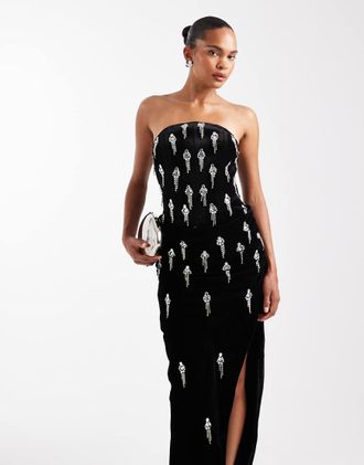 Asos Vestito lungo decorato nero in velluto stile corsetto con strato sovrapposto con gonna drappeggiata