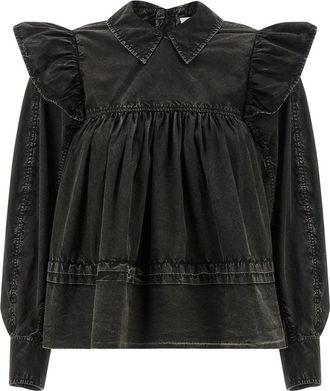 Ganni Washed Frill Blouse - Dames - Blouses - Zwart - S - Katoen - Overhemden