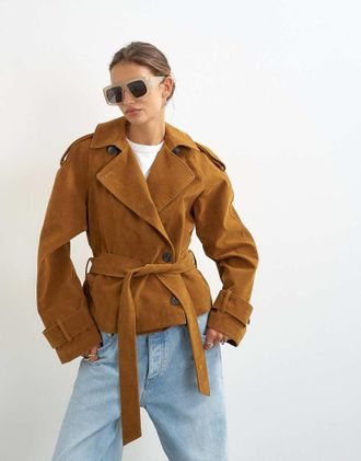 Topshop trench in camoscio sintetico con cintura color tan-Marrone