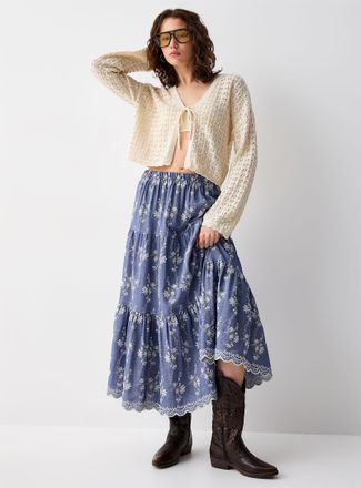 Twik Womens Embroidered flowers denim maxi skirt