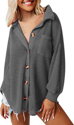 Generic Womens Waffle Knit Shacket Jacket Casual Long Sleeve Button Down Shirts Dressy Blouses Tops 2024 Fall