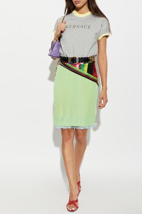 Versace Ribbed Skirt With Lace Trim, Womens, Green
