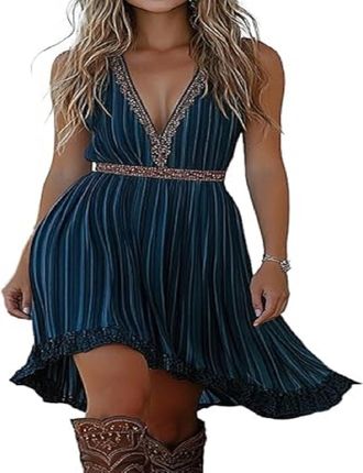 Generic Womens Vintage Western Cowgirl Dress with Spaghetti Straps and Lace Hem Summer Boho Dress Blue