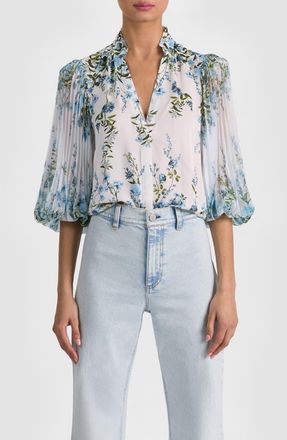 Alice & Olivia Ilan Floral Pleated Sleeve Button-Up Shirt in Fresh Air Carolina Blue at Nordstrom, Size X-Small