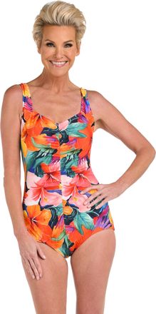 Maxine Of Hollywood Maxine of Hollywood Womens Shirred Girl Leg One Piece Swimsuit, Multi//Hibiscus Honey, 8