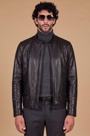 D'Arienzo Giacca in pelle nera stampa effetto coccodrillo DArienzo, Seleziona Taglia 48, Colore Nero