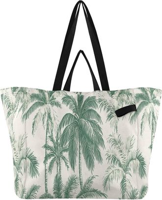 Generic Coconut Palm Green Trees print Reusable Canvas Tote Bag, Heavy Duty Grocery Shopping Bag with Double Handles Hard Bottom Large Capacity Work Groceries
