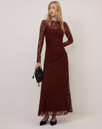 Nobody's Child Burgundy Lace Mallory Long Sleeve Midi Dress