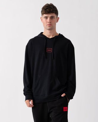 HUGO BOSS Hugo Laze Mens Stretch-Cotton Relaxed Fit Hoodie with Logo Print - Black - Size X-Large