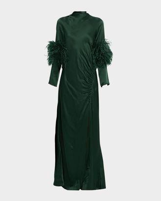 Sally Lapointe Feather-Trim Long-Sleeve Satin Maxi Dress