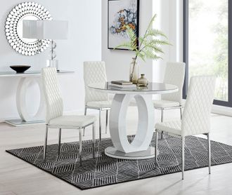 Furniturebox Giovani Round 4 Seat 100cm White High Gloss Halo Base Grey Glass Top Dining Table 4 Soft Faux Leather Silver Leg Milan Chairs