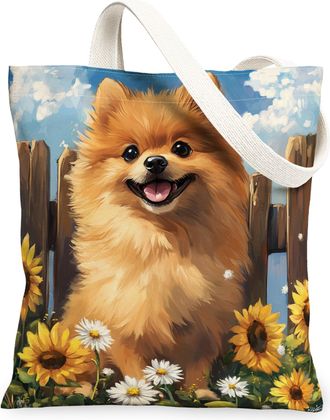 Generic Spring Pomeranian Dog Canvas Tote Bag for Shopping 13x15, Sunflower Fence Puppy Reusable Grocery Print Bag for Women, Farmhouse Pet Beach Aesthetic Pa