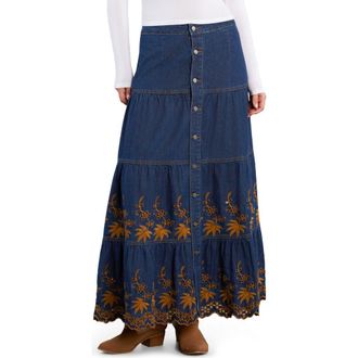 Wash Lab Denim Tiered Eyelet Denim Midi Skirt in Boho Denim at Nordstrom, Size 25