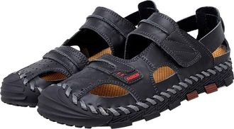 Generic Comfort Sandals for Men Closed Toe Two-Strap Adjustable Leather Non-Slip Hiking Sandals(Black,9 UK)