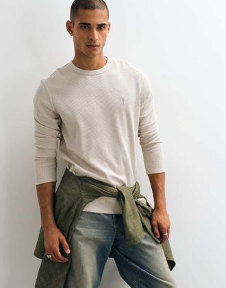 AllSaints Ellis T-shirt a maniche lunghe con logo waffle beige-Neutro