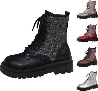 Generic Womens Lace up Ankle Boots Sequin Glitter Platform Short Boots Chunky Low Heels Sparkly Booties Ladies Comfortable Retro Round Toe Shoes Lug Sole Anti