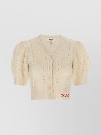 Chlo&eacute; cashmere wool v-neck puff-sleeve cropped cardigan