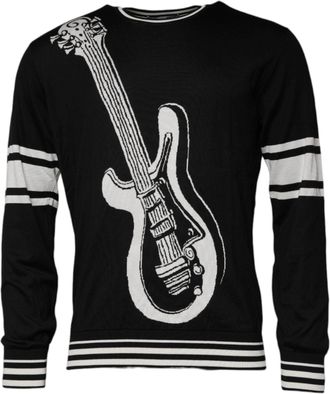 Dolce & Gabbana Black White Guitar Silk Crew Neck Mens Sweater