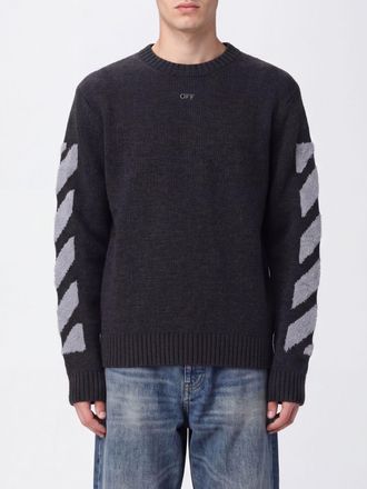 Off-white Wool Blend Crewneck Jumper with Contrast Diagonals Motif