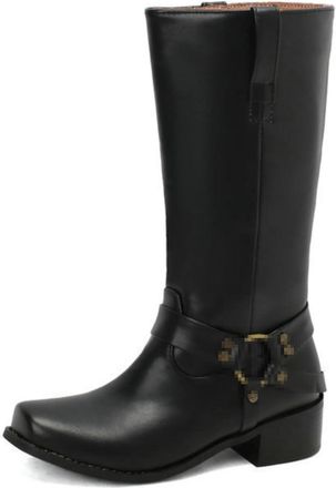 Generic Womens Vintage Mid-Calf Riding Boots, Slip-On with Metal Buckle for Fall-Winter,Black,5.5 UK