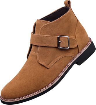 Generic Mens Suede Mid Top Ankle Boots with Monk Buckle Strap Classic Round Toe Non-Slip Block Heel Chukka Booties Wedding Office Dress Short Boots (Brown,11.