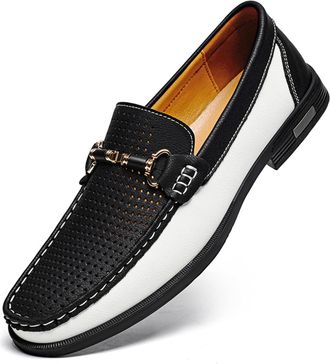 Generic Mens Leather Dress Loafers Classic Slip-on Penny Loafer Moccasins with Metal Buckle Two-Tone Casual Walking Business Driving Shoes (11.5,Black Hollow)