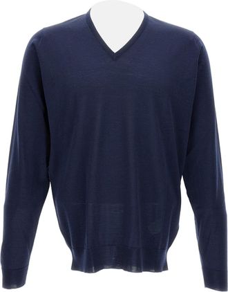 John Smedley V-Neck Long Sleeve Sweater In Light Blue Merino Wool