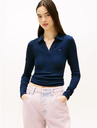 Tommy Hilfiger Womens Tommy Jeans Long-Sleeve Rib-Knit Polo - Navy - XXS