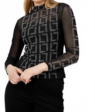 Frank Lyman Design Helena High Neck Long Sleeve Embellished Pullover In Black, Silver