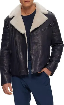 Gorski Mens Nappa Moto Jacket with Genuine Shearling in Navy/beige at Nordstrom, Size Xx-Large
