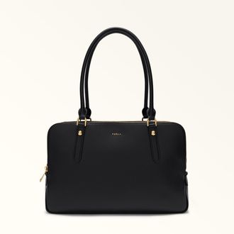 Furla Giulia Borsa Boston L Nero Nero Pelle Stampata + Camoscio Donna