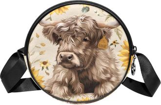 Generic Circle Crossbody Bag for Women, Cow Sunflower Small Sling Bag Daypack with Zipper Adjustable Shoulder Straps Casual Ladies Girls Round Purse