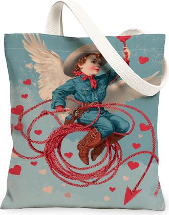 Generic Vintage Cowboy Angel Canvas Tote Bags, Retro Heart Pattern Reusable Grocery Bags, Lightweight Washable Shoulder Strap, Blue, 13x15 Inch