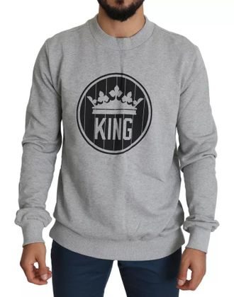 Dolce & Gabbana Gray Crown King Print Cotton Pullover Mens Sweater