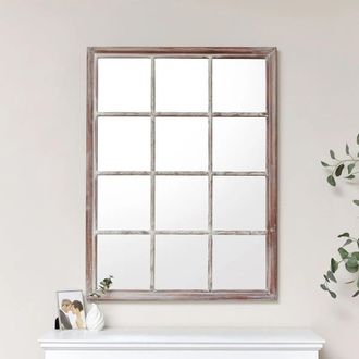 Melody Maison Large Rustic Wooden Window Wall Mirror 120cm X 90cm in Light Brown | Size: 120 cm X 90 cm