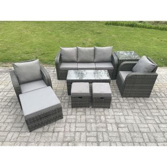 Fimous 8 Seater Rattan Garden Furniture Set with Rectangular Coffee Table Side Table 3 Footstools Patio Outdoor Lounge Sofa Set - Fimous