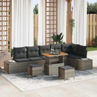 vidaXL Vidaxl - Conjunto De Sof&aacute; De Jard&iacute;n Con Coj&iacute;n 9 Pcs Gris Polirat&aacute;n