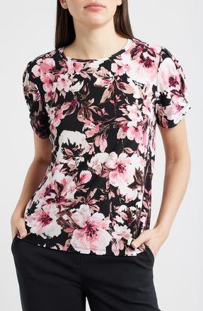 Anne Klein Floral Print Pleated Sleeve Top in Anne Black Multi at Nordstrom, Size X-Small P