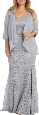 R & M Richards Womens Sheer Jacket Beaded Lace Evening Dress In Silver
