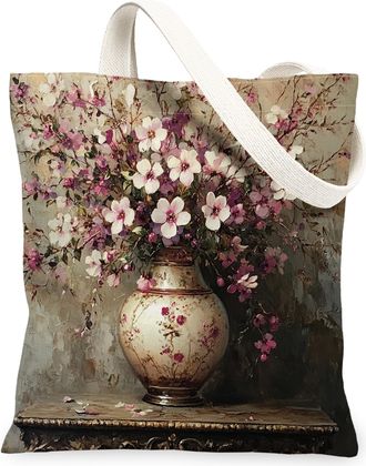 Generic Farmhouse Plum Bossoms Flower Canvas Tote Bag for Shopping 13x15, Country Floral Reusable Grocery Print Pattern Bag for Women, Farm Wildflower Beach A
